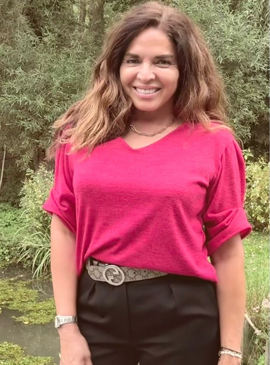 GG125 Magenta Blouse met Textuur en Geplooide Driekwartmouwen