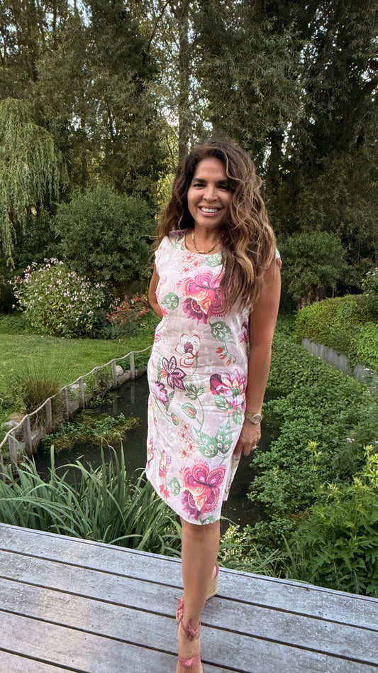 GG127 Linnen Zomerkleed met Roze Bloemen – Luchtig & Elegant (Maat 40)