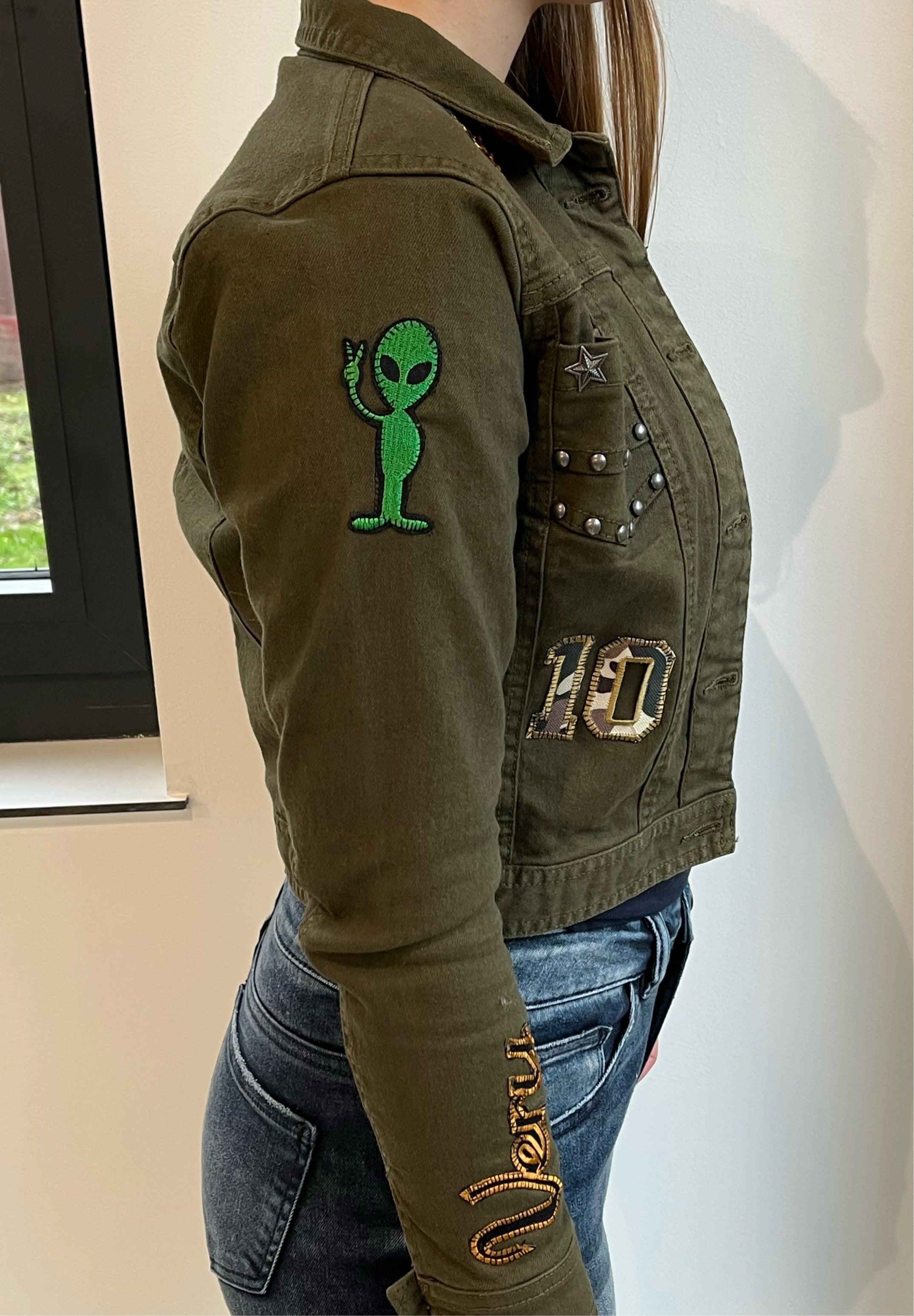 GG007: Military Green Jean Jacket – Gisella Guerrero